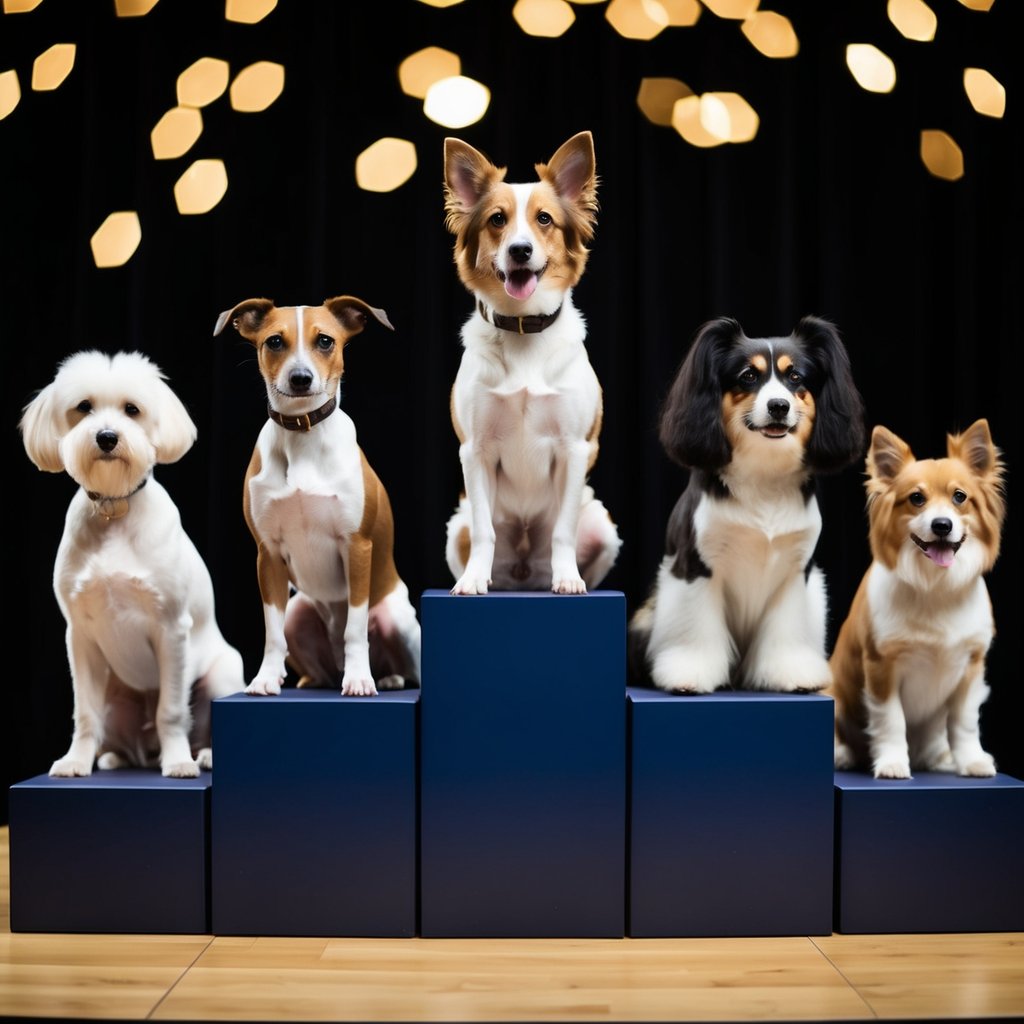 A group of well-groomed and obedient dogs are posing on a podium, each displaying their unique talents and skills