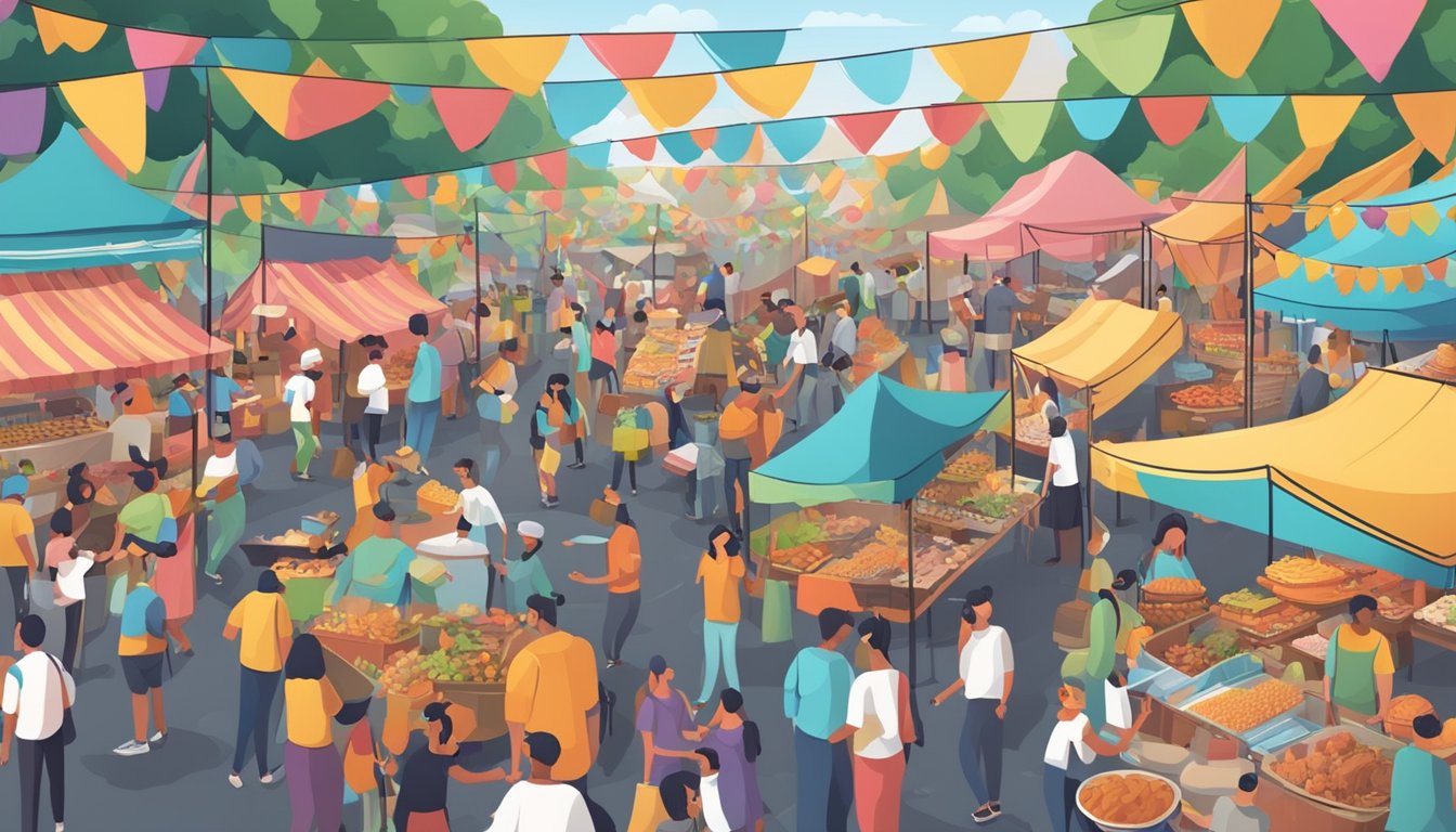 A bustling festival with vendors, food stalls, and lively music. People are enjoying the festivities while following health and safety protocols