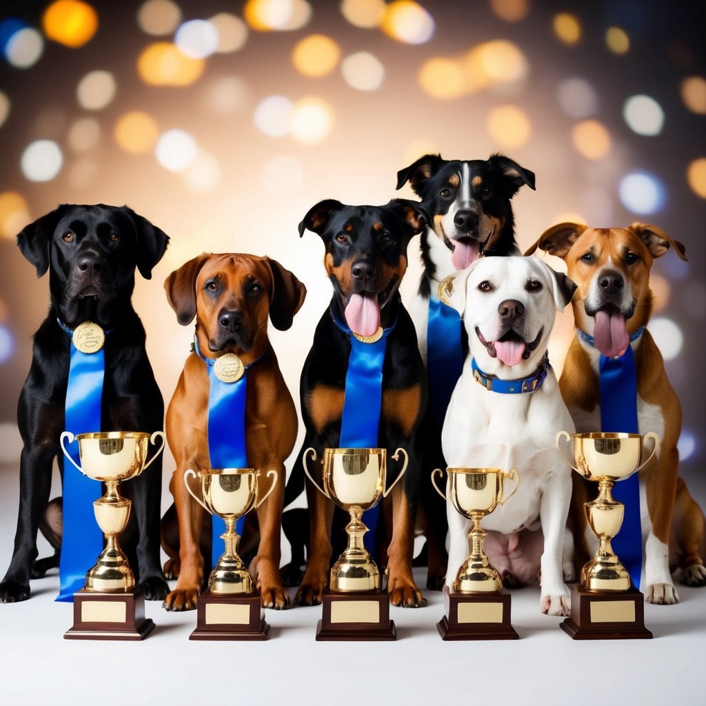 A group of champion dogs pose with trophies and ribbons in a well-lit studio