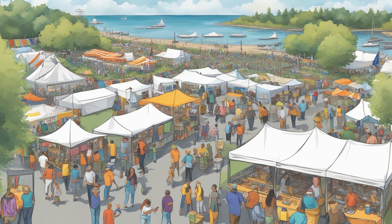 A bustling festival scene with people enjoying live music, seafood, and educational activities. Booths and tents line the area, showcasing local community involvement