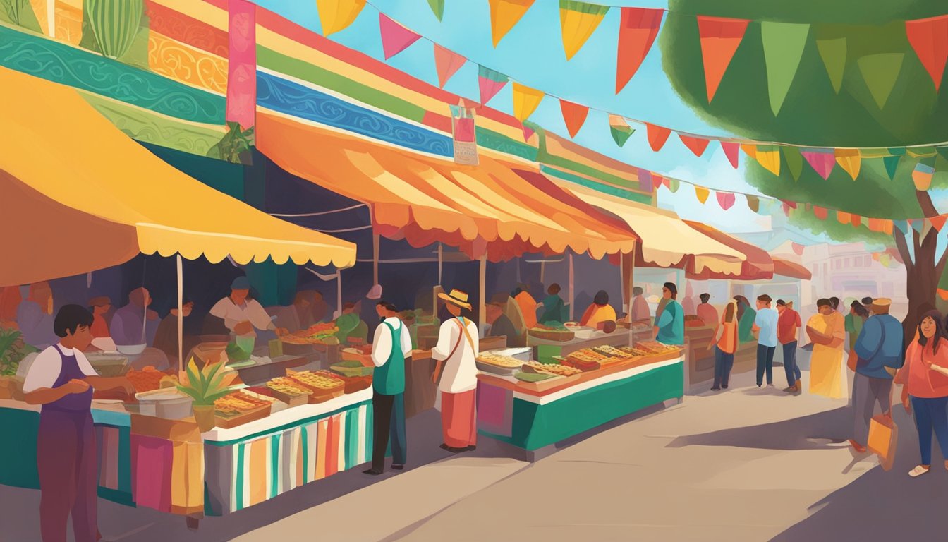 Vibrant food stalls line the streets, offering colorful Mexican cuisine at the San Marcos Cinco de Mayo festival. The aroma of sizzling meats and spices fills the air as people gather to celebrate