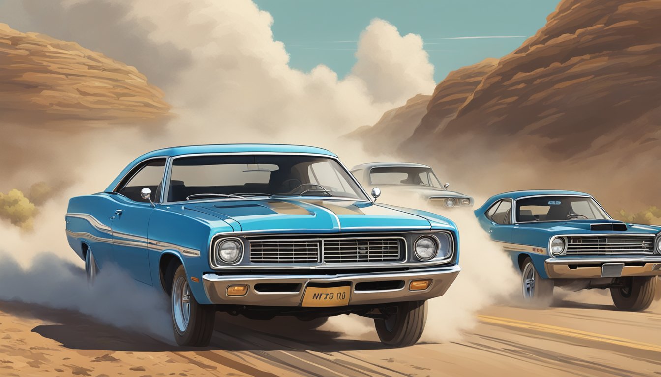 A line of vintage Mopar cars roaring down a dusty Texas road, kicking up clouds of dirt and leaving a trail of exhaust behind them