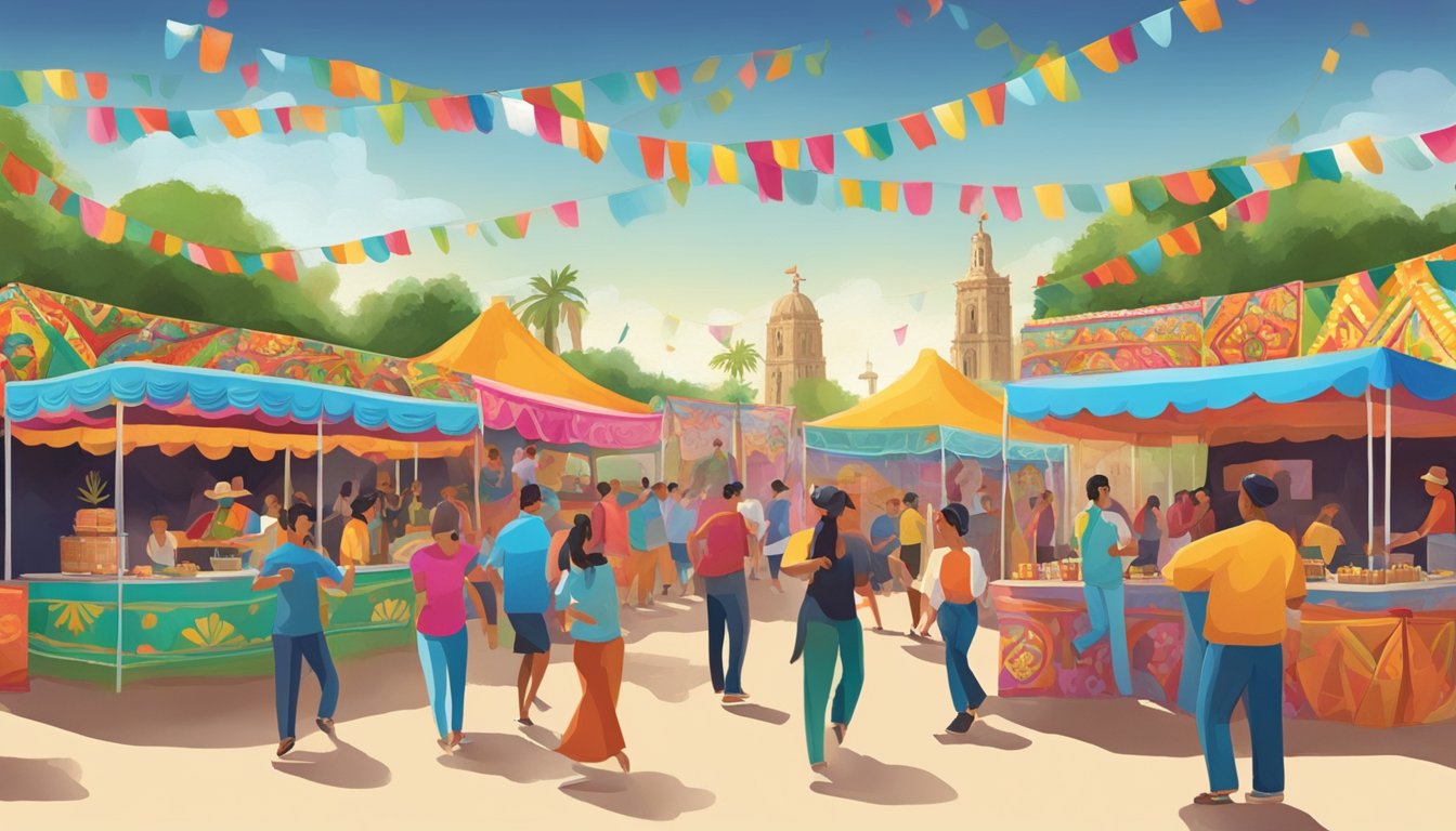 Colorful booths and stages fill the festival grounds, with lively music and dancing. The scent of traditional Mexican food fills the air