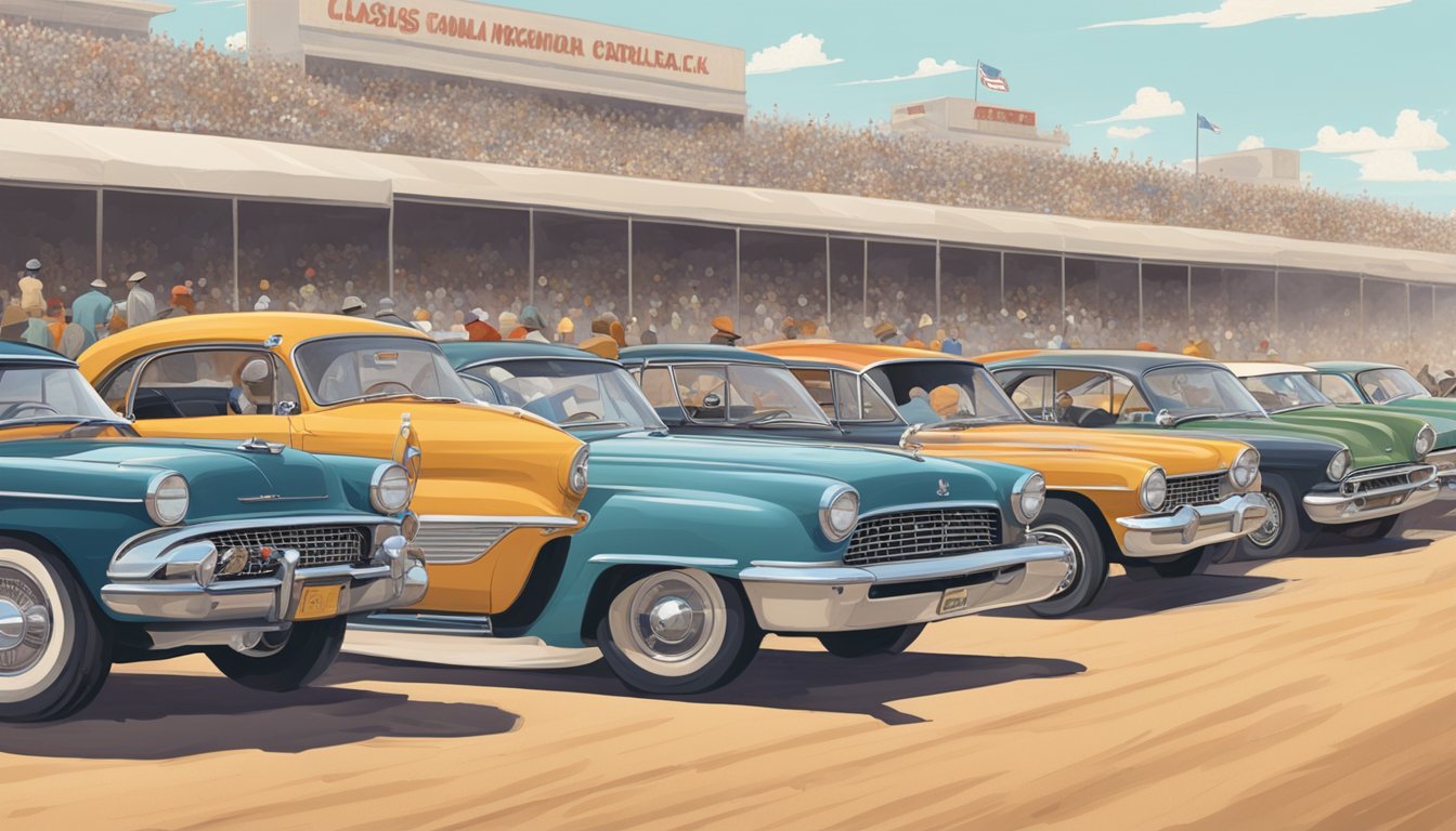 Classic cars lined up on a dusty Texas racetrack, surrounded by enthusiastic spectators and vendors selling car parts and memorabilia