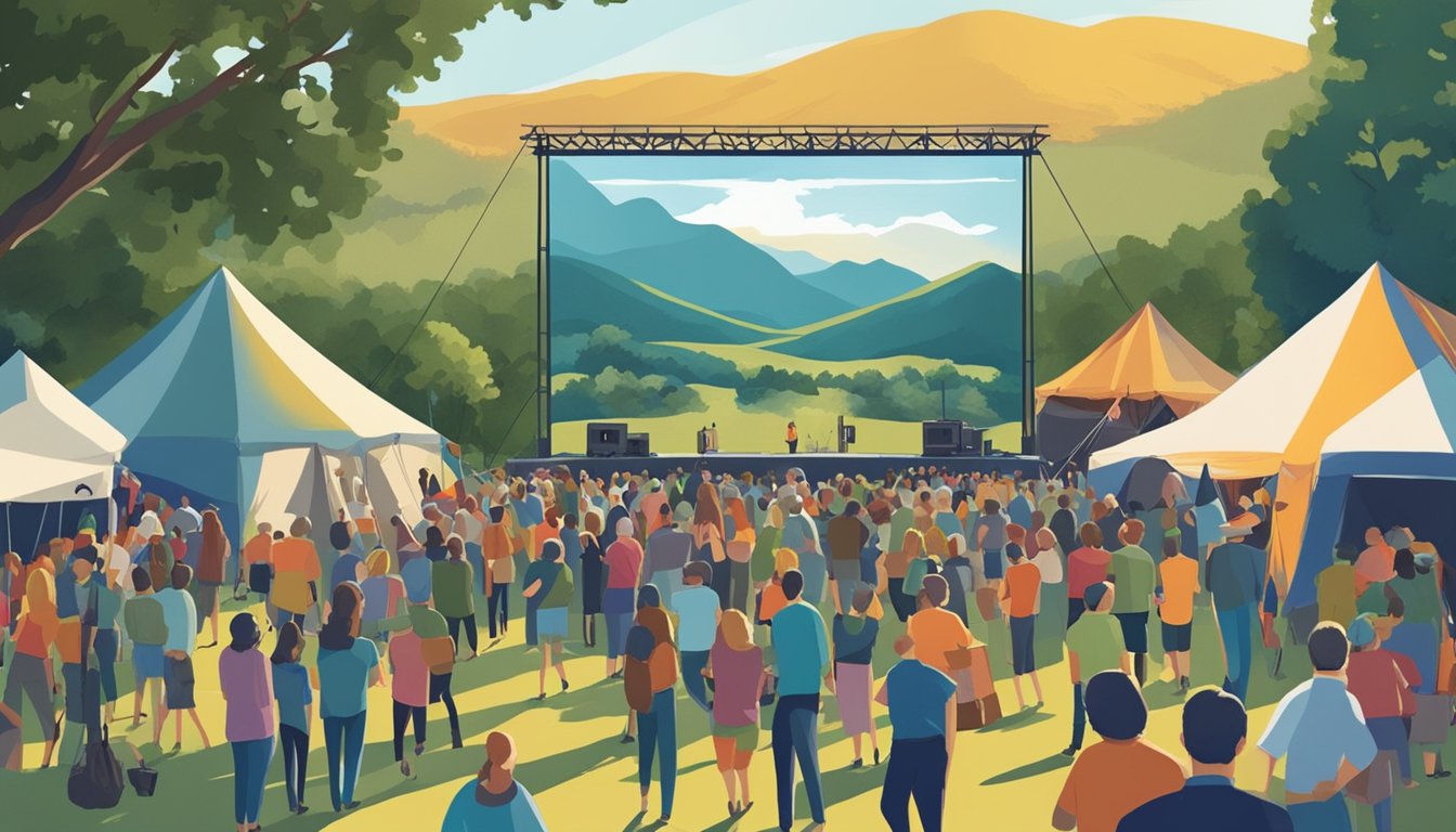 Crowds gather at an outdoor film festival in the hill country. Tents, banners, and a large screen set against a scenic backdrop