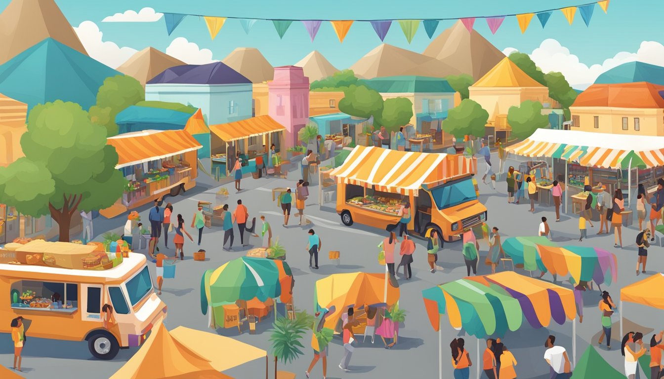 Colorful tents and food trucks line the streets of San Marcos for the Cinco de Mayo festival, with a variety of transportation and accommodation options available