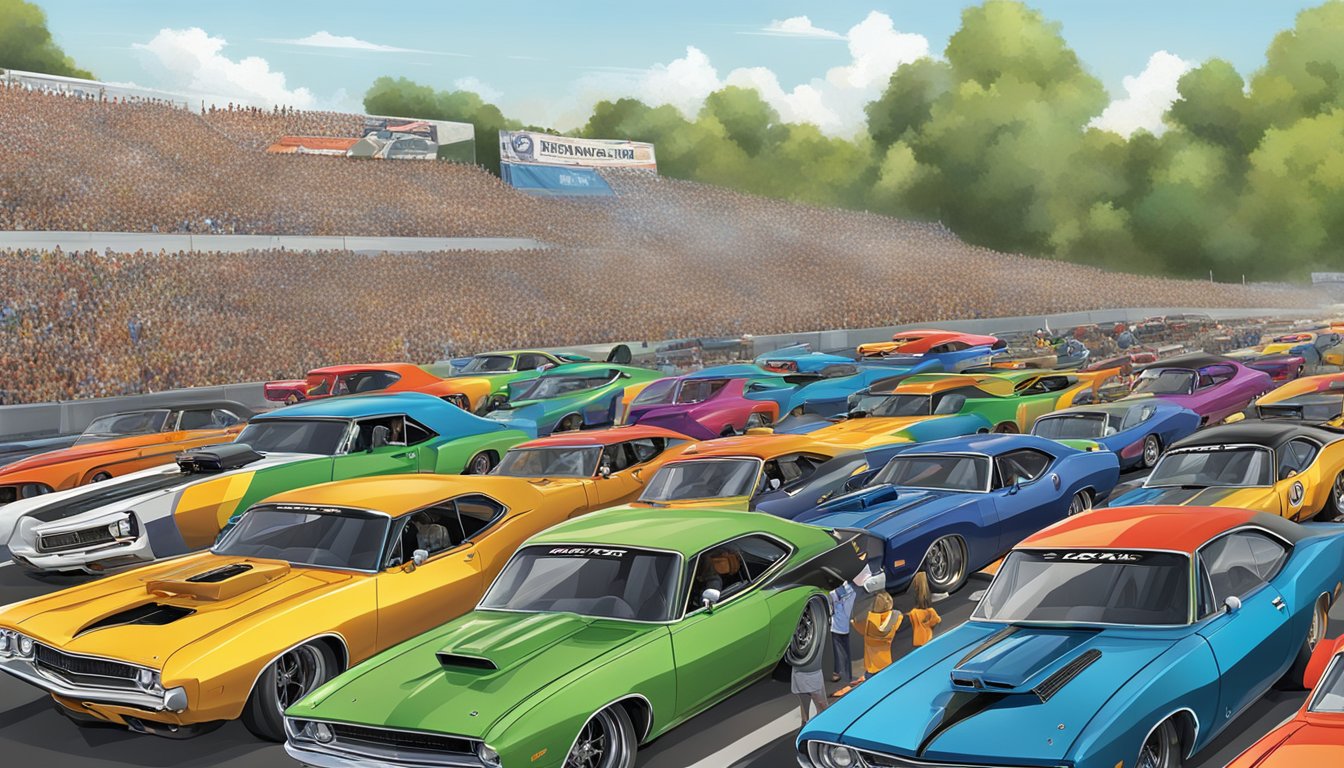 A crowded Texas Mopar Mayhem event with roaring engines and colorful cars lining the track, while spectators cheer and enjoy the excitement