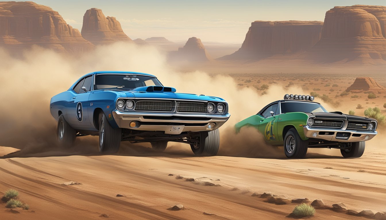 A lineup of powerful Mopar vehicles tearing up the dusty Texas desert in a chaotic display of speed and mayhem