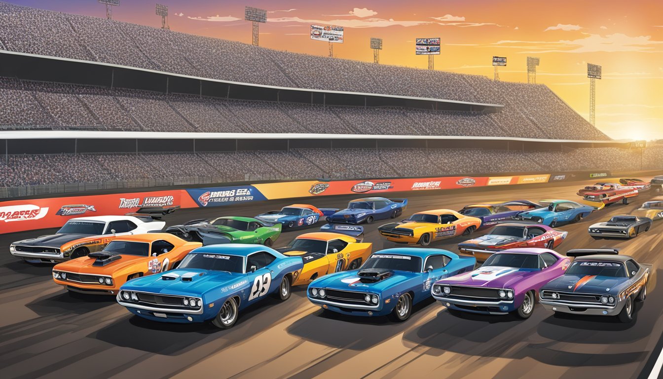 A Texas Mopar Mayhem event with various sponsors and partners' logos displayed prominently around the race track