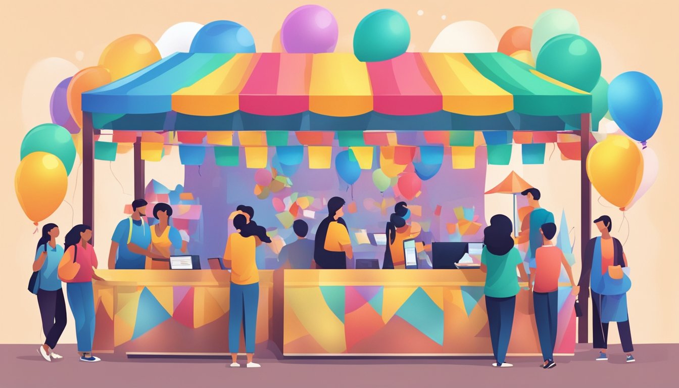 A colorful festival booth with banners and balloons, surrounded by a crowd of people. A staff member assists a customer at the contact information and customer service counter