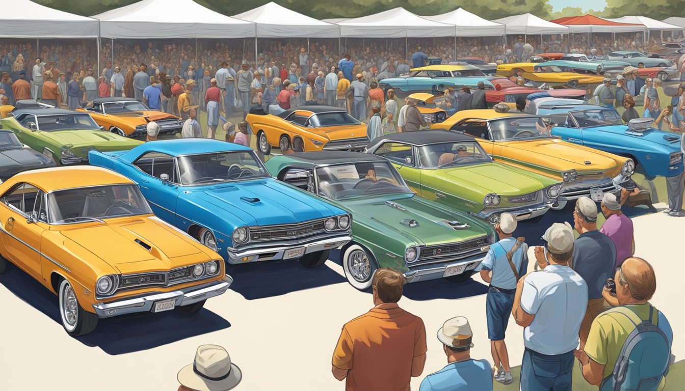 A crowd gathers around a display of vintage Mopar cars at a Texas car show, with media and photographers capturing the excitement