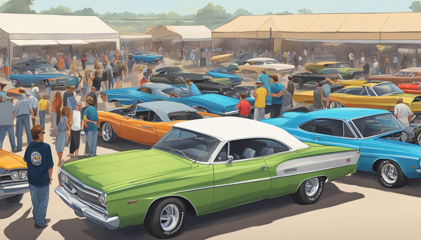 A crowd gathers around classic cars at a Texas Mopar Mayhem event, with people mingling and admiring the vehicles