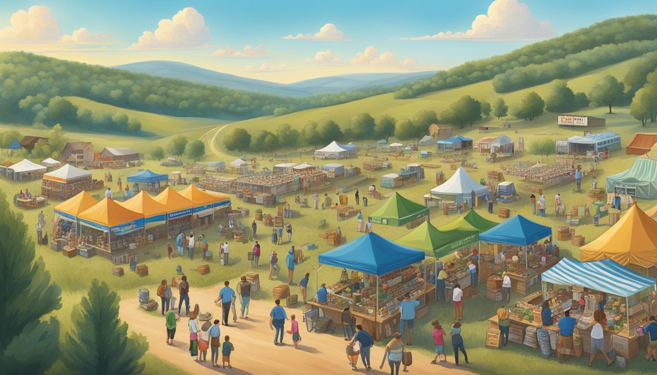 A bustling Texas Picklefest with vendors, live music, and pickle-themed activities, set against a backdrop of rolling hills and blue skies