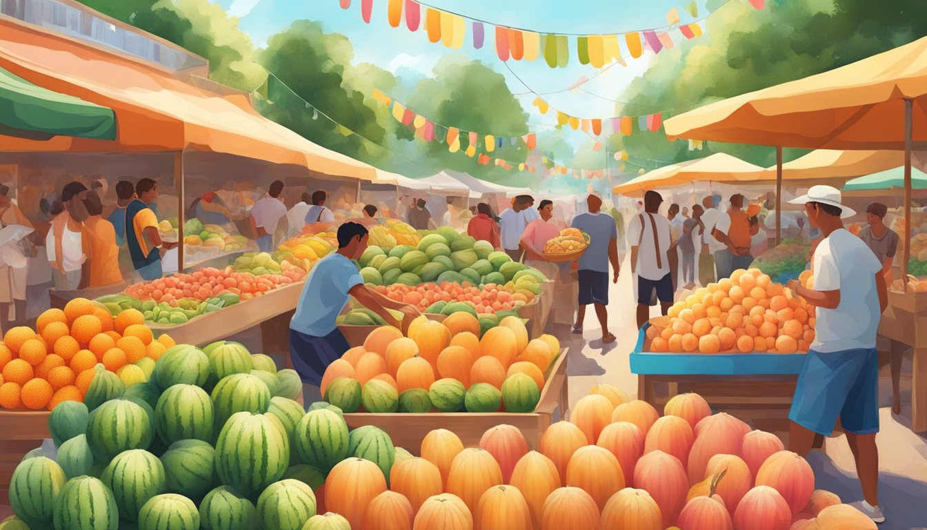 A vibrant outdoor market filled with colorful melons of all shapes and sizes, surrounded by happy festival-goers enjoying the sweet summer fruits