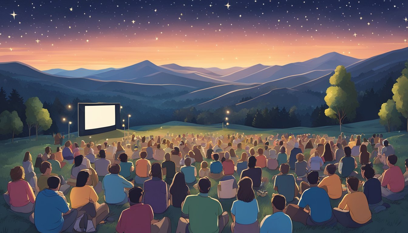 A crowded outdoor film screening under a starry night sky, surrounded by rolling hills and twinkling lights