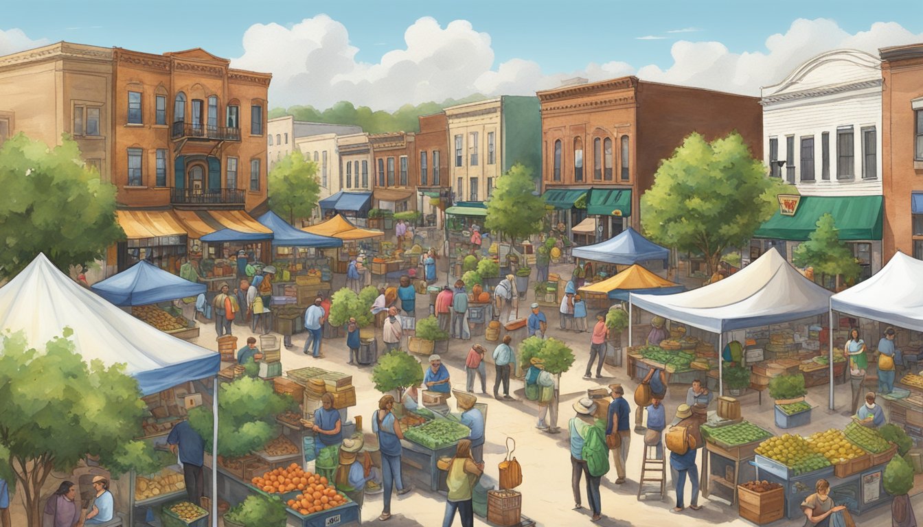 A bustling Texas town square filled with vendors, live music, and pickle-themed decorations for the annual Picklefest