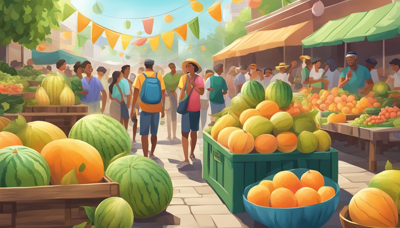 Vibrant market scene with colorful melons, lively music, and festive decorations celebrating the cultural significance of sweet summer melon fest