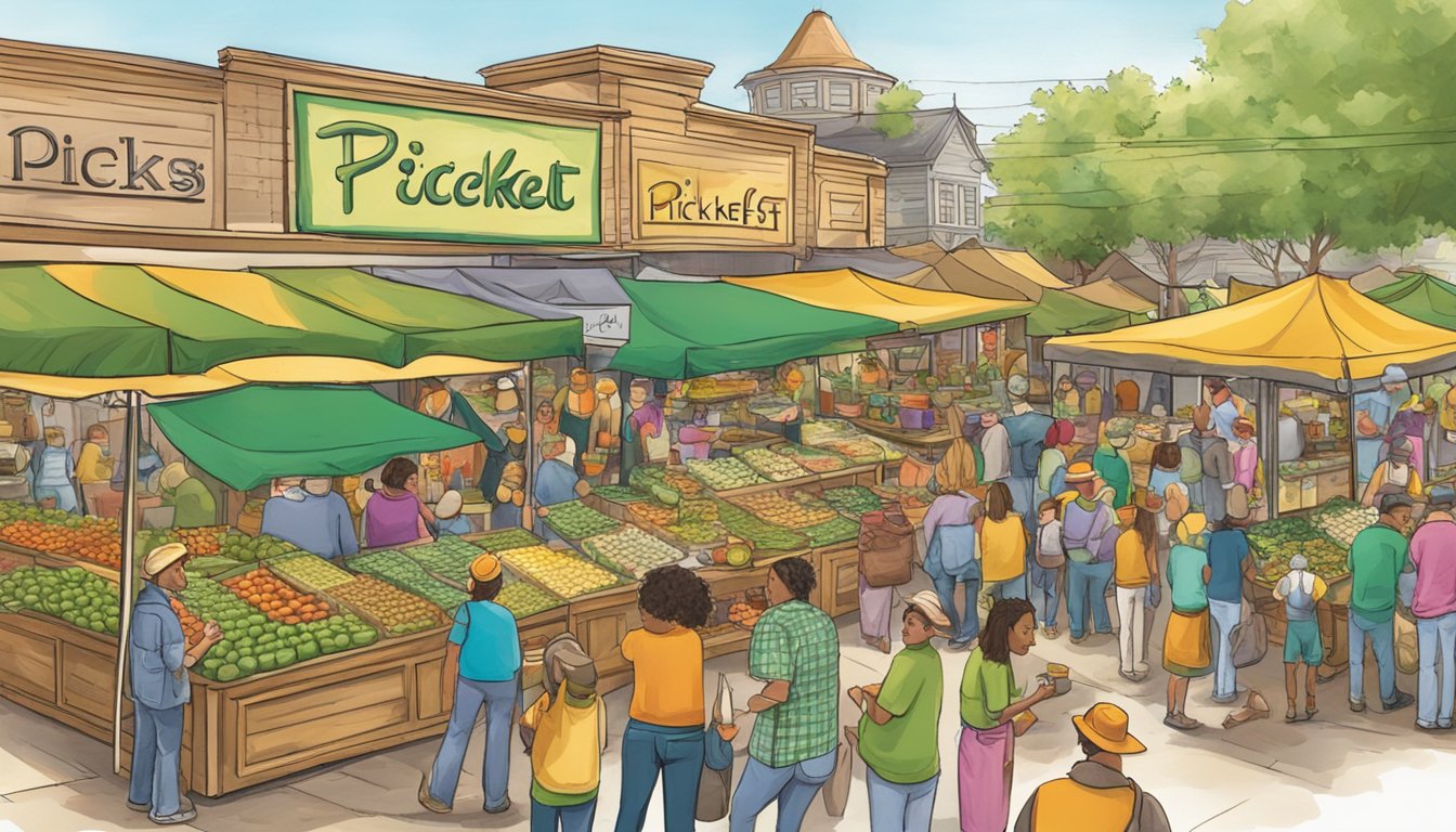 Crowds gather around booths selling pickled treats at the Texas Picklefest. Vendors display jars of colorful pickles, while visitors sample and enjoy the festive atmosphere