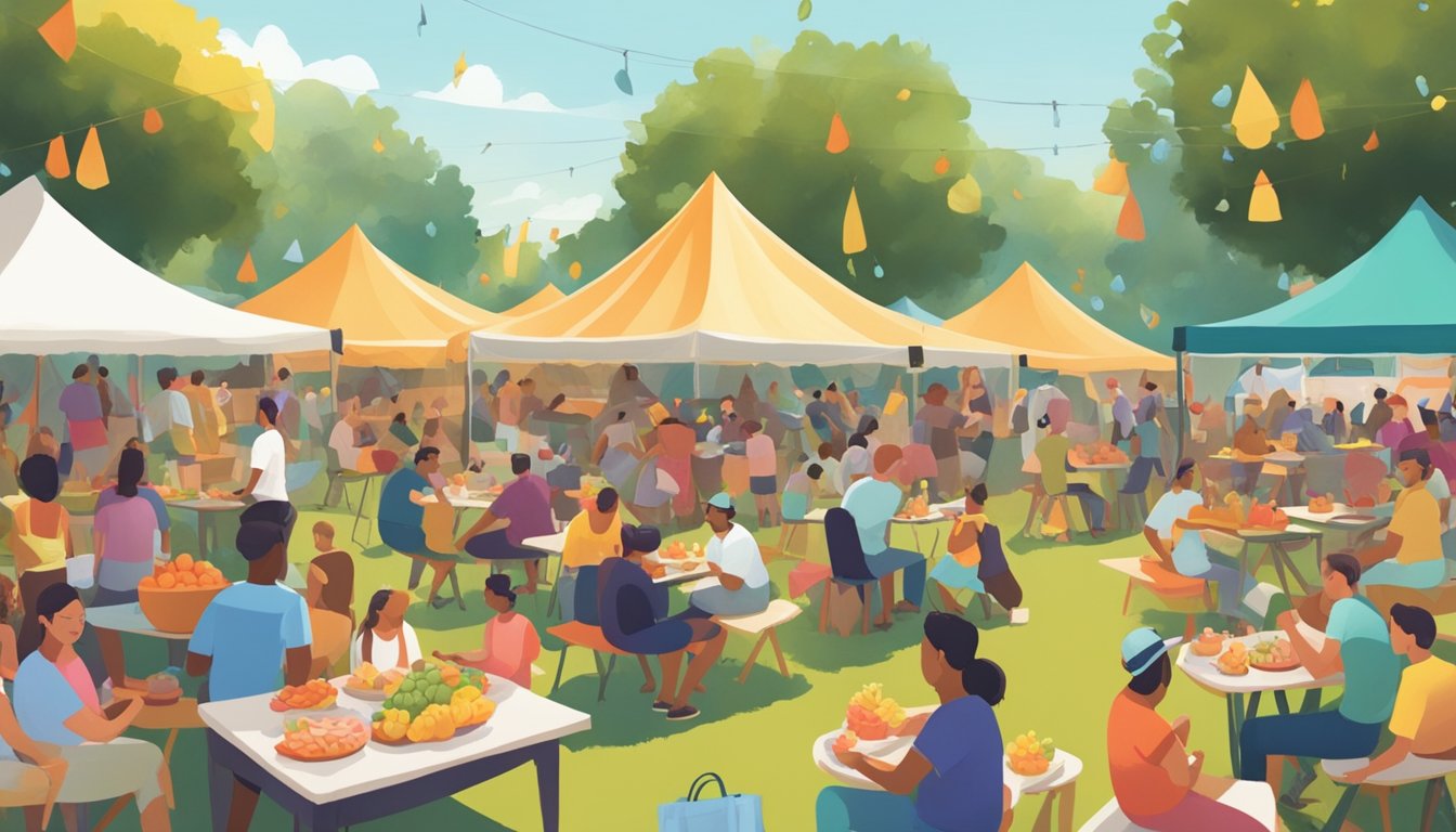 A bustling outdoor festival with colorful tents, picnic blankets, and tables adorned with ripe melons, surrounded by happy attendees enjoying live music and sweet summer treats