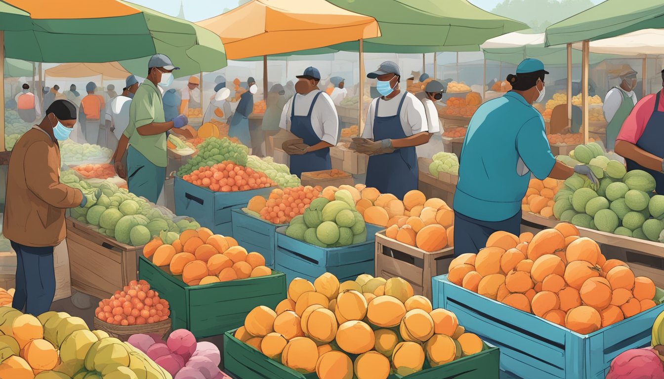 A bustling outdoor market with colorful melons piled high, vendors wearing masks and gloves, and signs displaying health and safety regulations