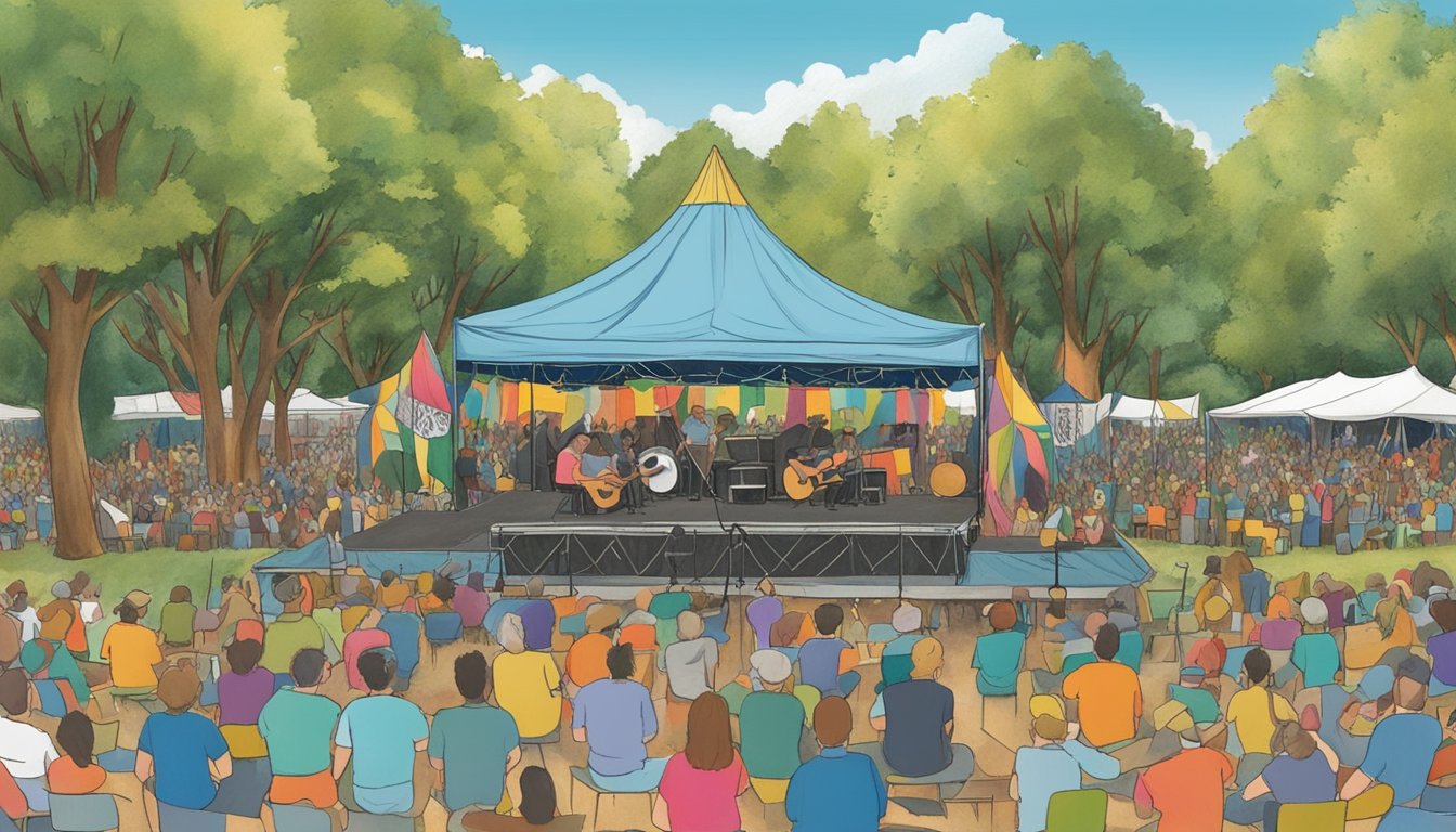 A crowded outdoor stage with musicians performing to a lively audience surrounded by trees and colorful tents at the Kerrville Folk Festival