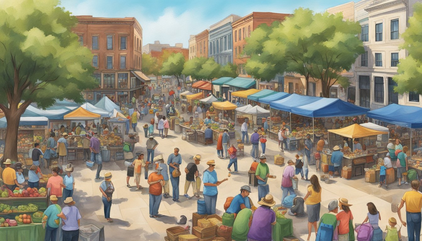 A bustling town square filled with vendors, musicians, and families enjoying the annual Texas Picklefest