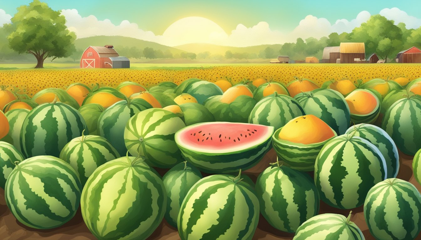 A lush, sun-drenched field of ripe watermelons and cantaloupes, surrounded by buzzing bees and colorful butterflies. A farmer's market in the distance sells eco-friendly products