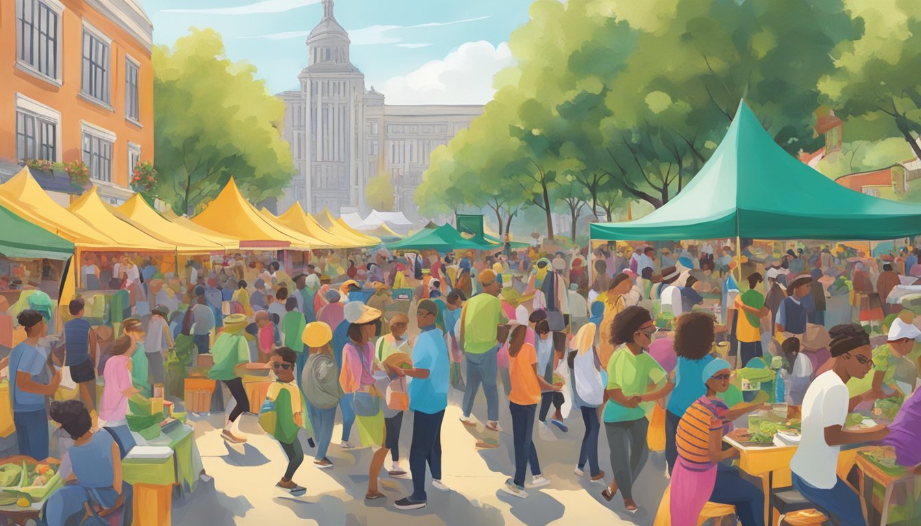 A bustling outdoor festival with colorful booths, live music, and crowds of people enjoying pickle-themed activities