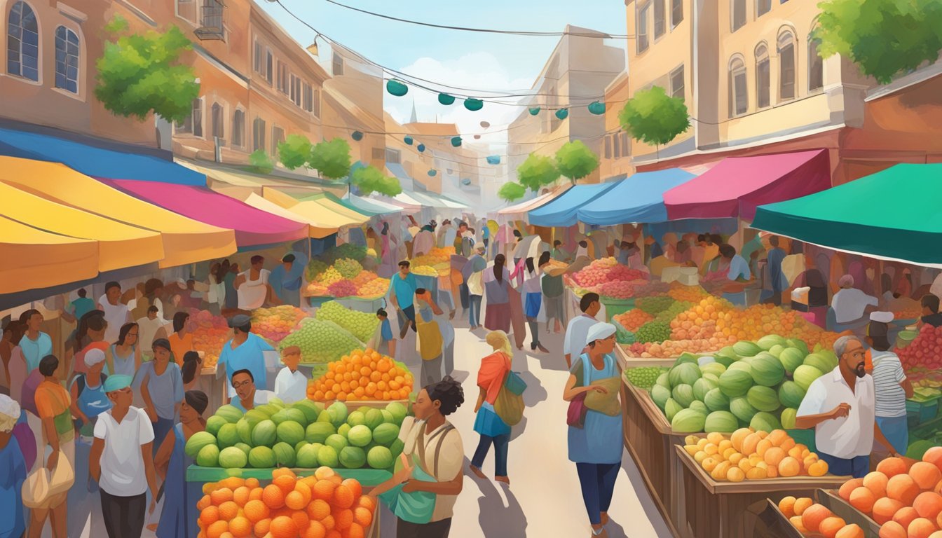 Vibrant market stalls, filled with ripe melons of all sizes and colors, surrounded by bustling crowds and lively music