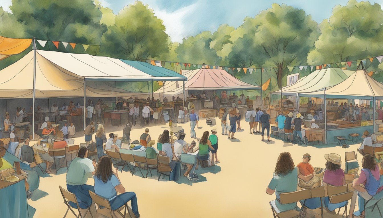 A sunny outdoor stage with musicians performing, surrounded by tents and food vendors at the Kerrville Folk Festival