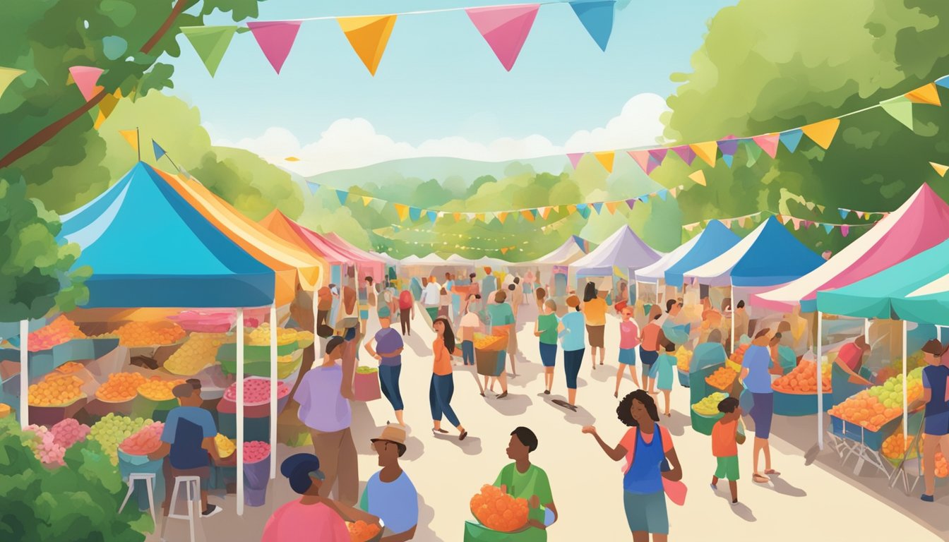 A bustling outdoor melon festival with colorful tents, live music, and families enjoying sweet summer treats