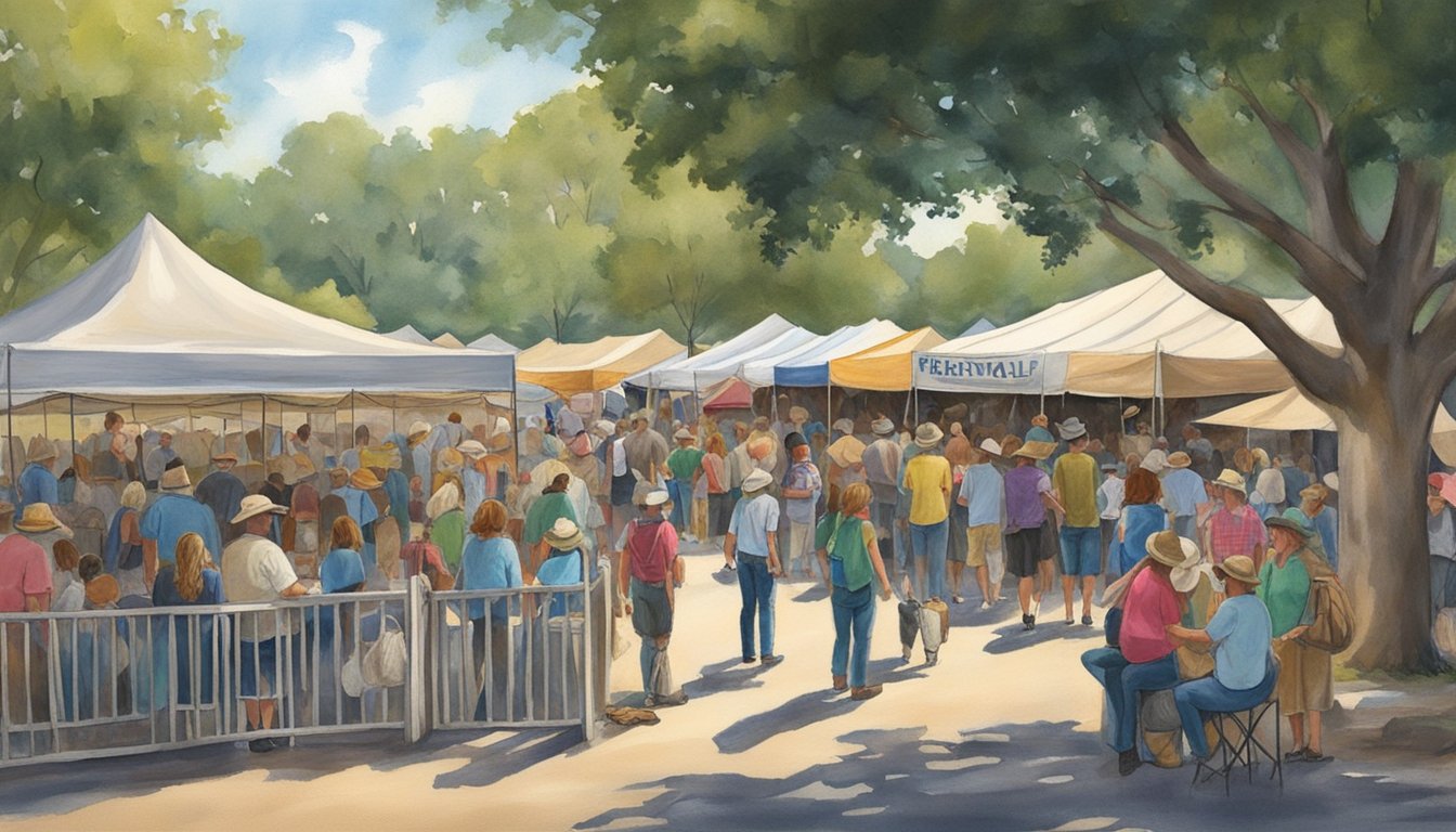 Crowds gather at the entrance of the Kerrville Folk Festival, waiting to purchase tickets and gain admission. Tents and booths line the area, with a lively atmosphere of anticipation