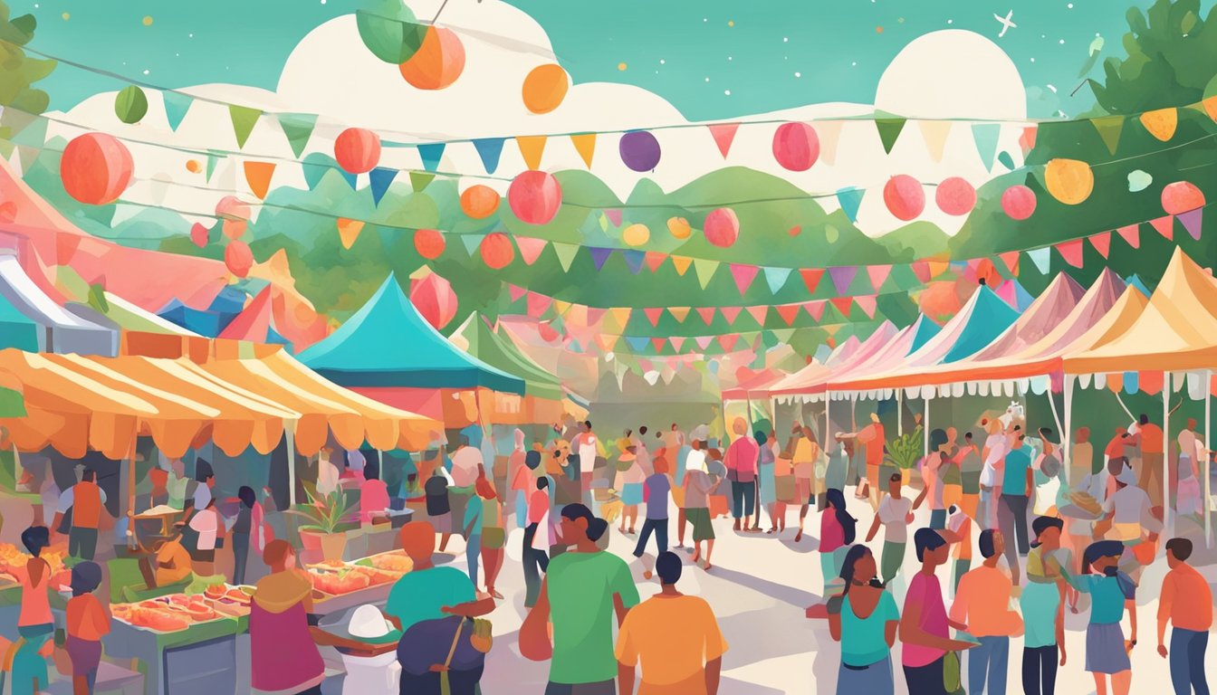 A colorful festival scene with watermelon-themed decorations, vendors selling melon treats, and people enjoying live music and outdoor activities