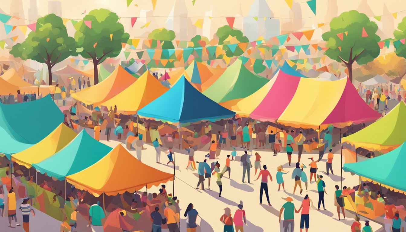 A bustling festival with colorful tents, ripe melons, and joyful attendees enjoying music and activities on a sunny day