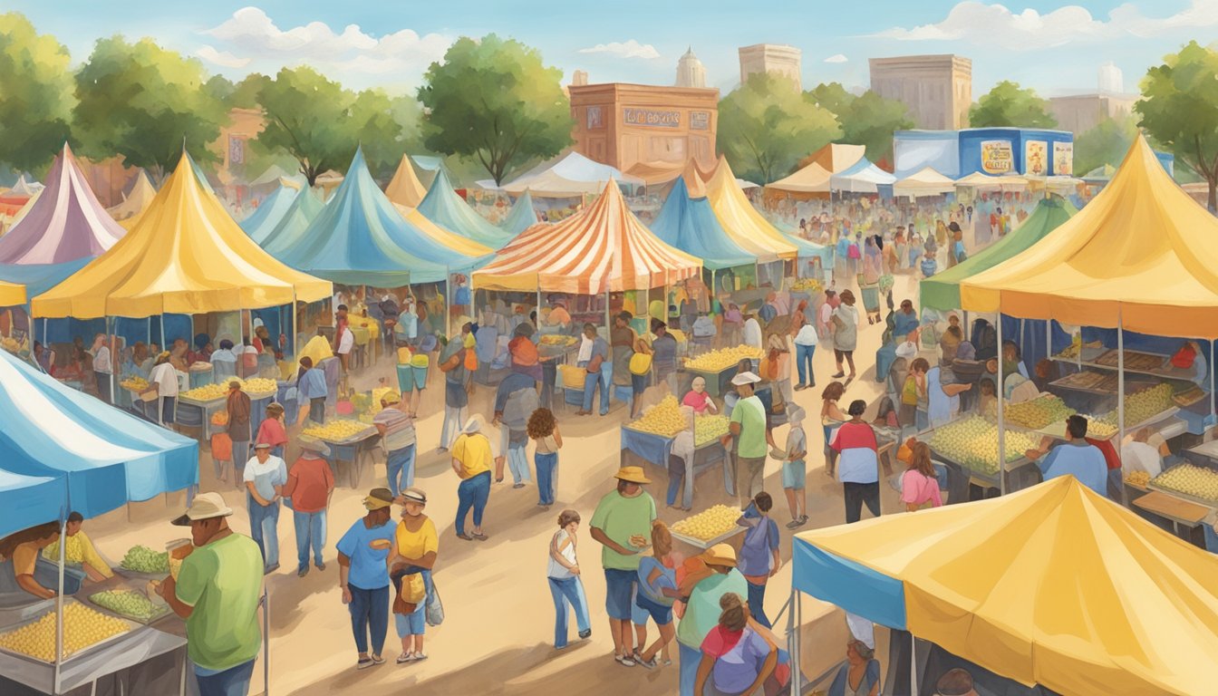 A bustling Texas Sweet Corn Festival with colorful tents, live music, and people enjoying sweet corn dishes