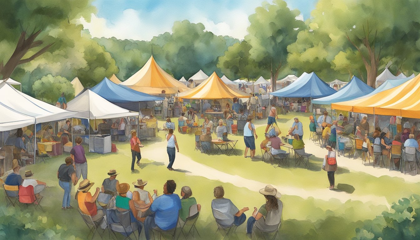 The kerrville folk festival grounds are filled with colorful tents, music stages, food vendors, and communal gathering areas