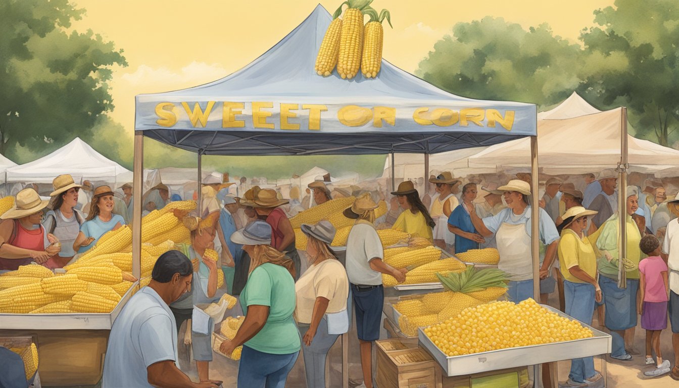 Crowds gather around vendors selling fresh sweet corn at the Texas Sweet Corn Festival. The air is filled with the aroma of buttered corn and the sound of laughter and live music