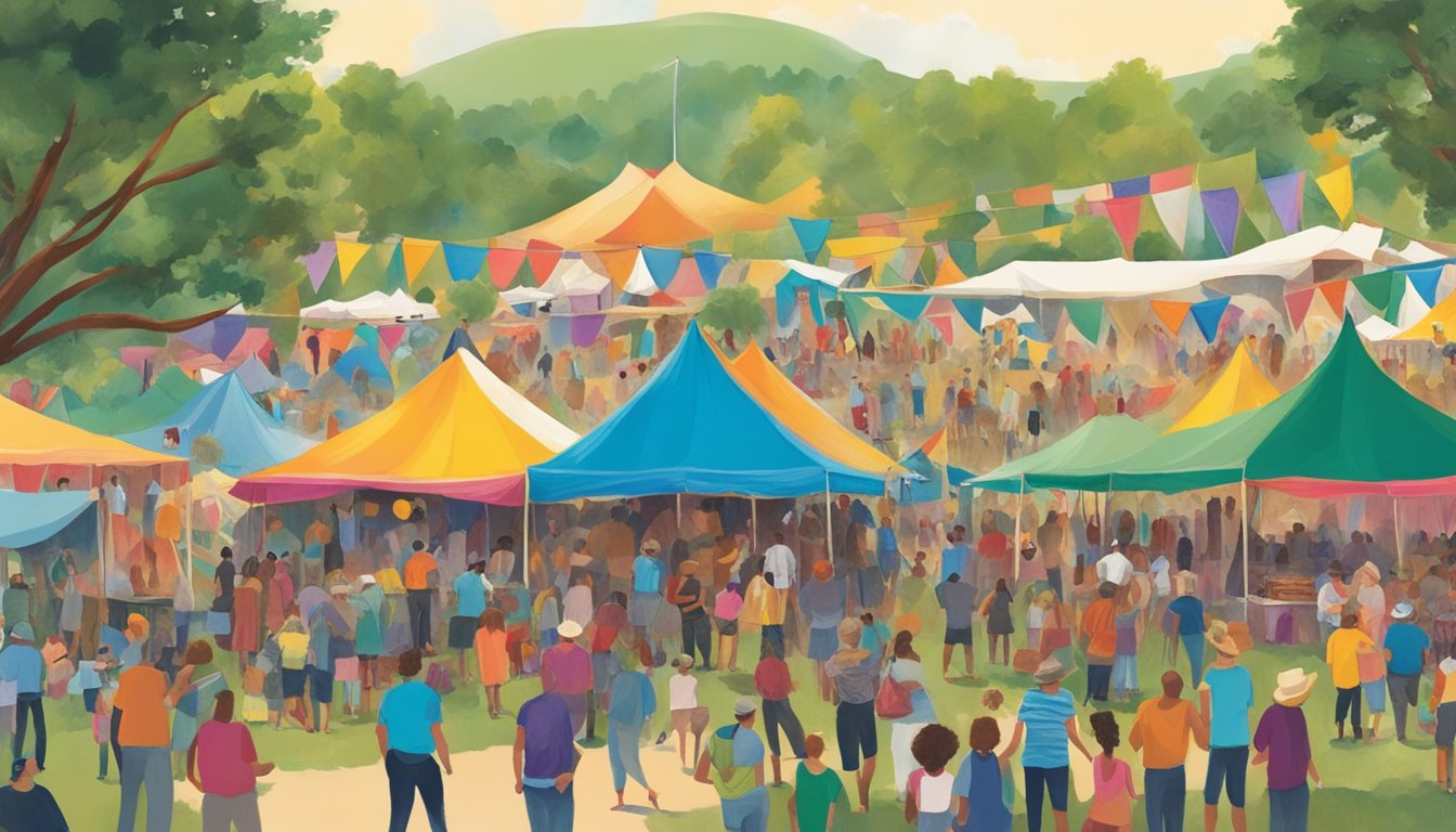 A vibrant scene at Kerrville Folk Festival with colorful tents, music stages, and diverse groups of people enjoying music, food, and art