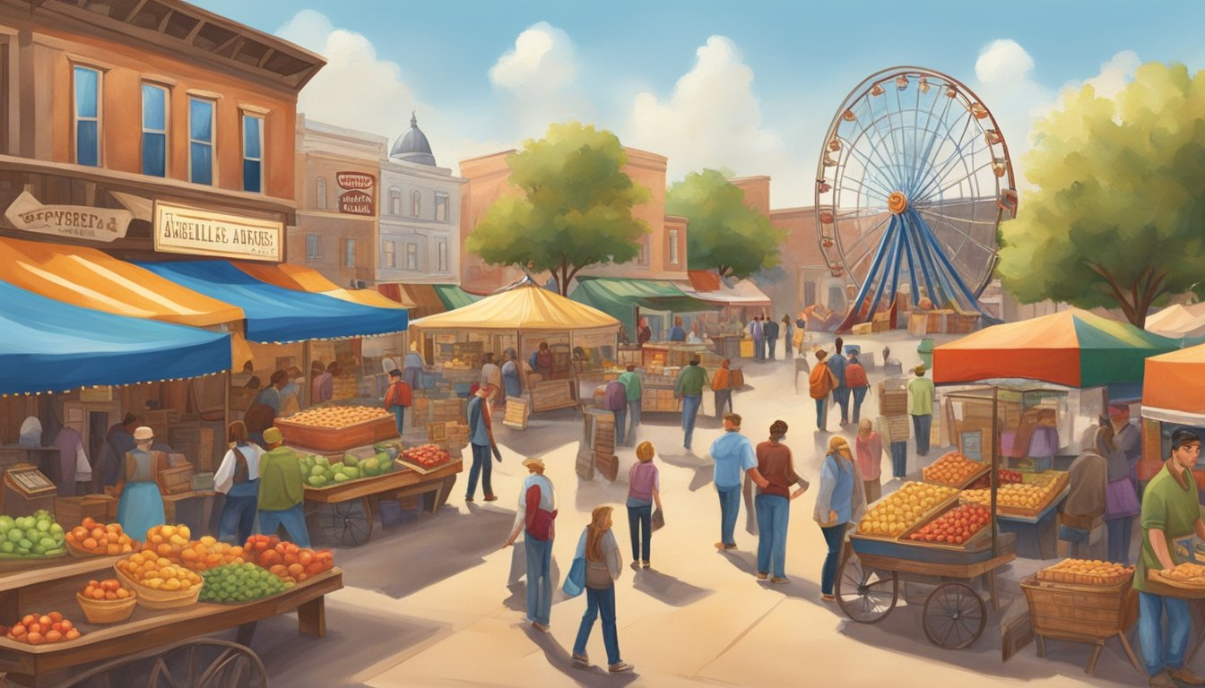 A bustling Texas town square filled with vendors selling apples, pies, and cider. Decorative banners and a Ferris wheel add to the festive atmosphere