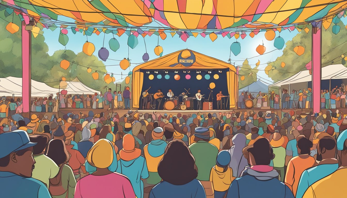 A lively folk festival stage with musicians performing and a crowd of people enjoying the music