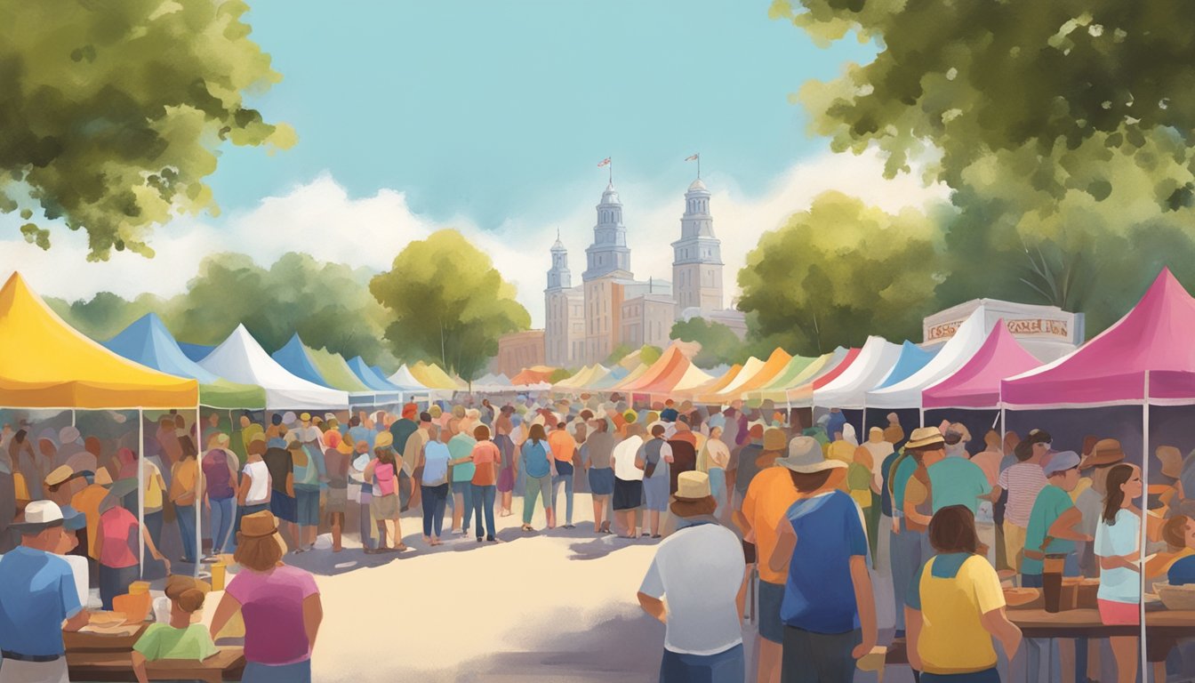 Crowds gather around colorful booths at the Texas Sweet Corn Festival, enjoying live music, games, and the aroma of roasting corn