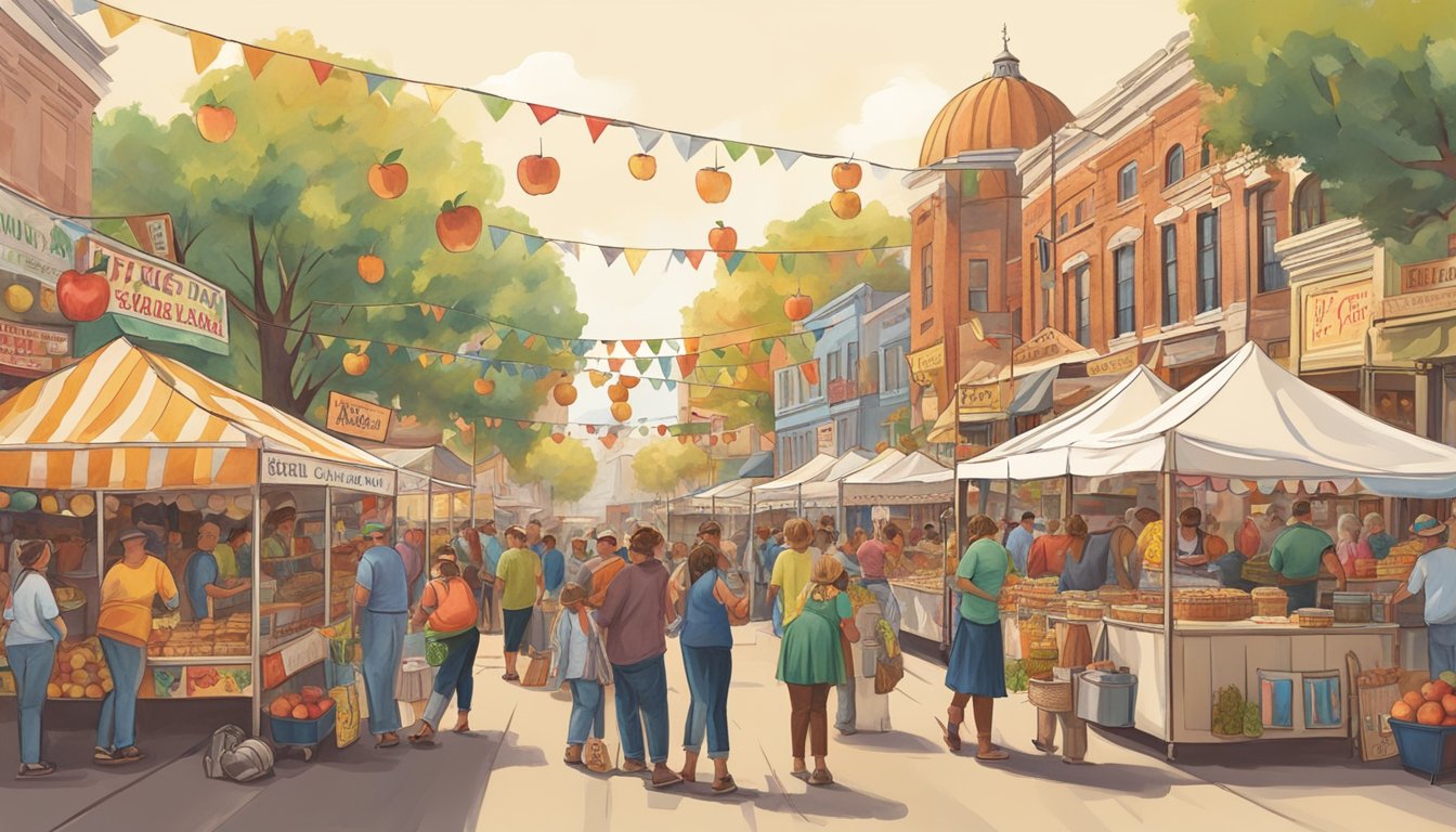 Vendors selling apples, cider, and pies at the Texas Apple Festival. Crowds gather around carnival games and live music. Decorative banners and colorful booths line the streets