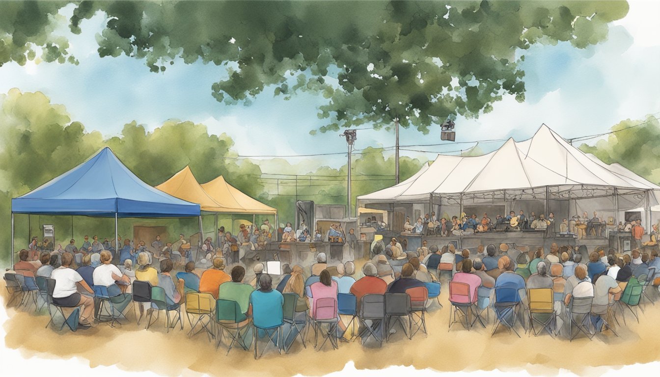 A group of musicians play on a stage while festival-goers sit in designated areas, following safety and regulations at Kerrville Folk Festival