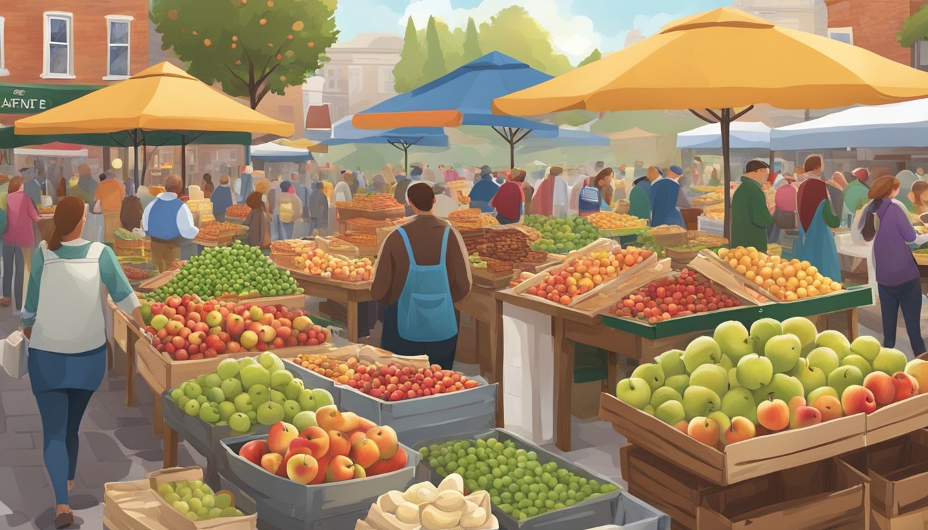 A bustling outdoor market filled with colorful displays of fresh apples, cider, pies, and other apple-themed culinary delights