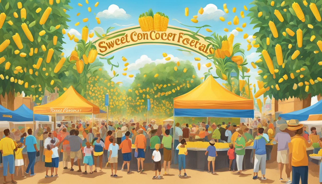 A vibrant Texas sweet corn festival with various sweet corn varieties on display, surrounded by lively music and cheerful attendees