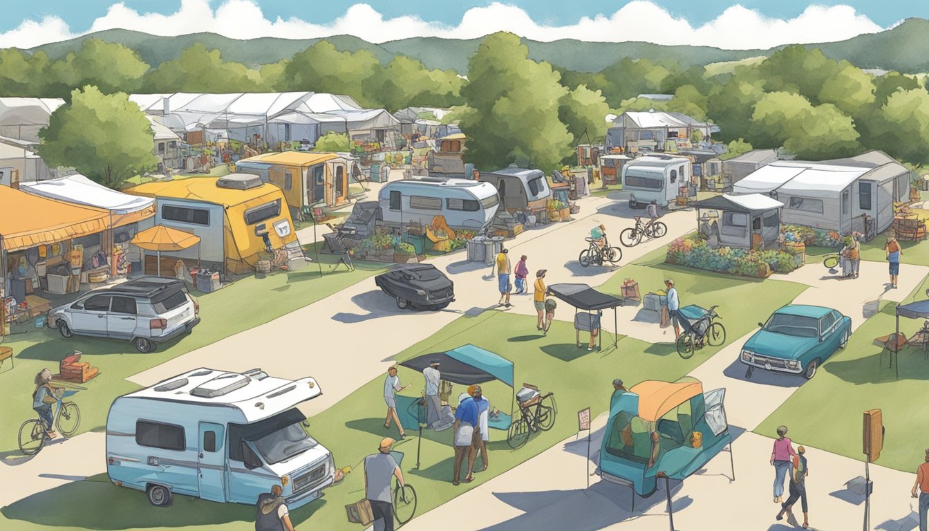 Cars and RVs parked in designated areas at Kerrville Folk Festival. Bicycles and pedestrians move along marked paths