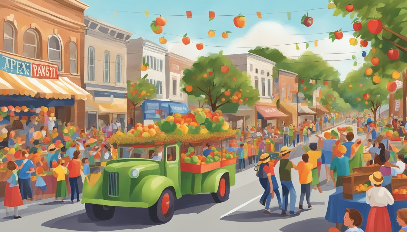 Colorful parade floats wind through streets, showcasing Texas apple harvest. Crowds cheer and sample apple treats at festival booths. Folk music fills the air