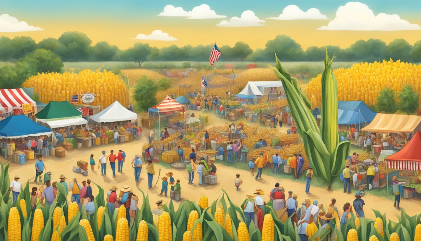 A bustling Texas sweet corn festival with vendors, rides, and live music, all surrounded by fields of golden cornstalks