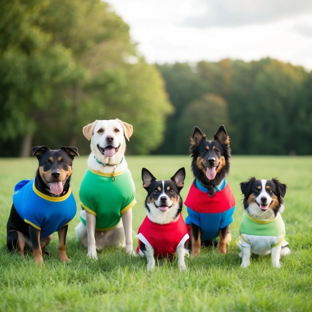 A group of dogs of various breeds and sizes gather in a grassy field, wearing colorful costumes and posing for a photo shoot