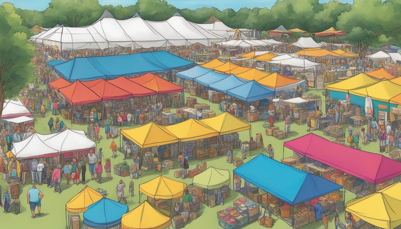 A colorful array of festival merchandise and souvenirs displayed on tables under a large tent at the Kerrville Folk Festival